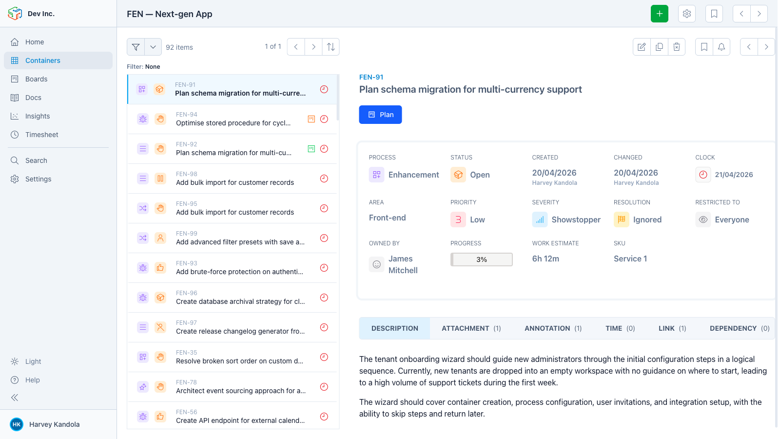 Item list with split-view detail showing fields, financial values, status badges, and rich item data