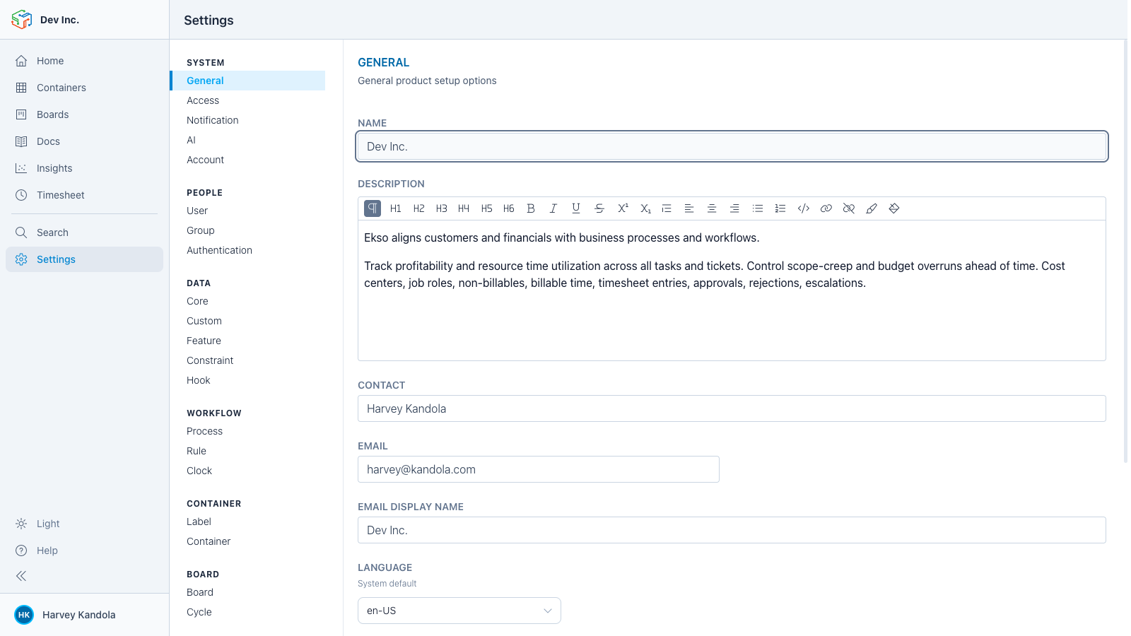 Ekso settings panel showing system, people, data, workflow, container, and board configuration sections